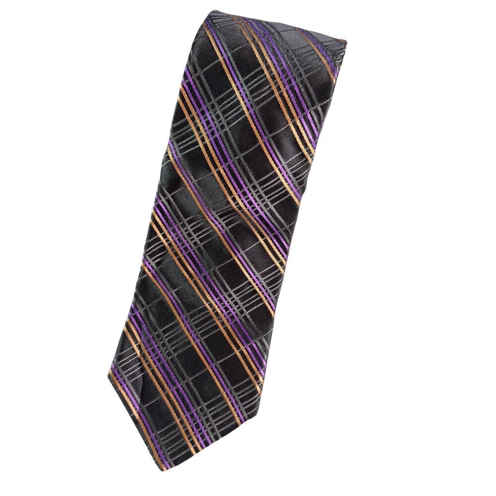 Ted Baker London Mens Silk Tie Gray Purple Orange Plaid Stripe 59" Necktie